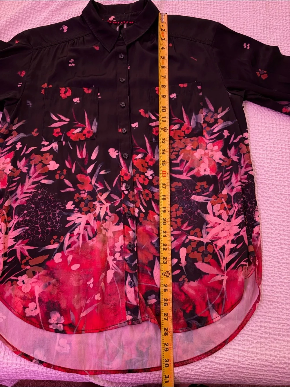 Anthropologie Silky Button Up Long Sleeve Black with pink and red floral Medium